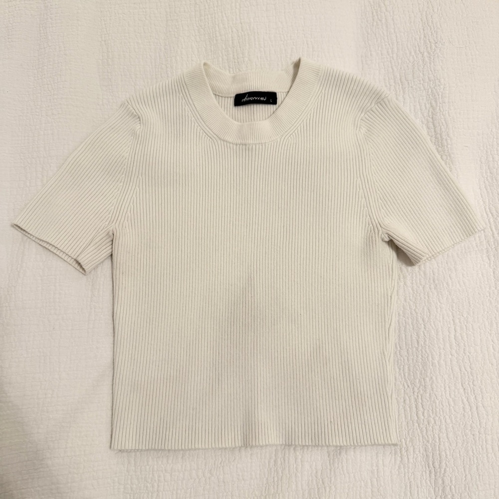 Olivaceous Cream Ribbed Short Sleeve Top